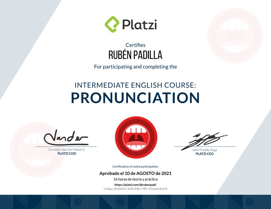 Diploma del Curso de pronunciación Intermedia en Inglés 2020