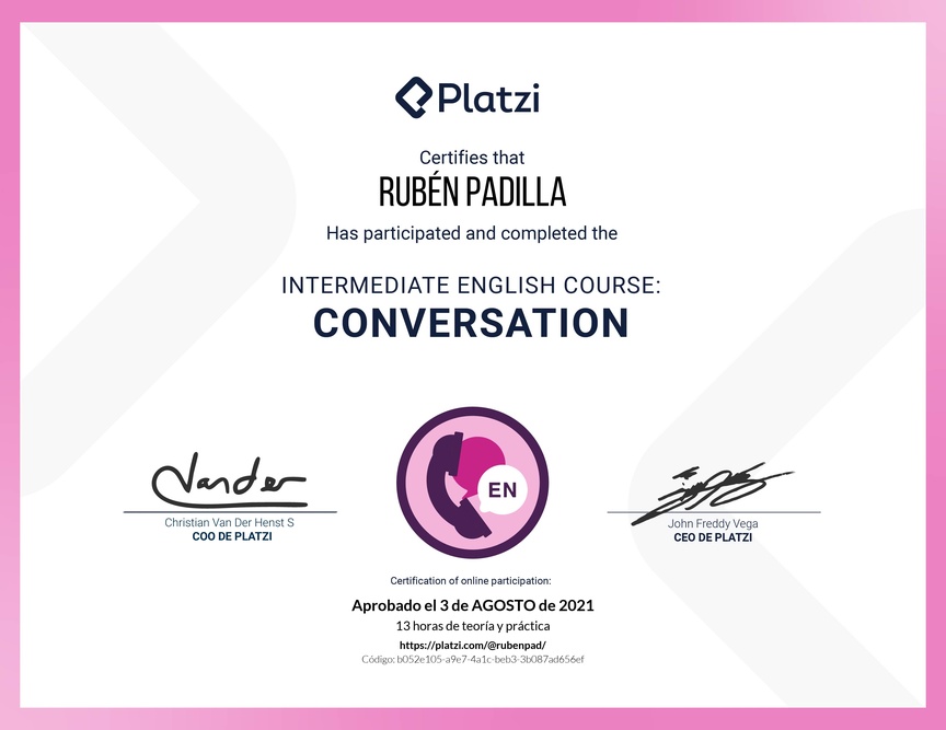 Diploma del Curso de Inglés Intermedio: Conversación 2020