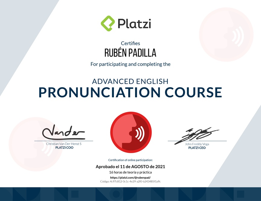 Diploma del Curso de Pronunciación Avanzada en Inglés 2020