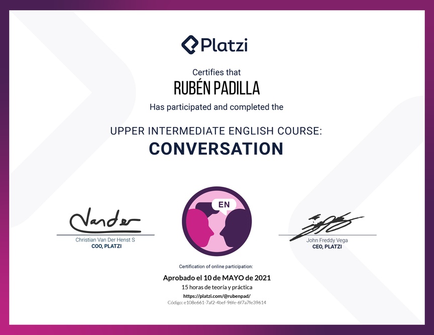 Diploma del Curso de Inglés Intermedio Alto: Conversación 2020