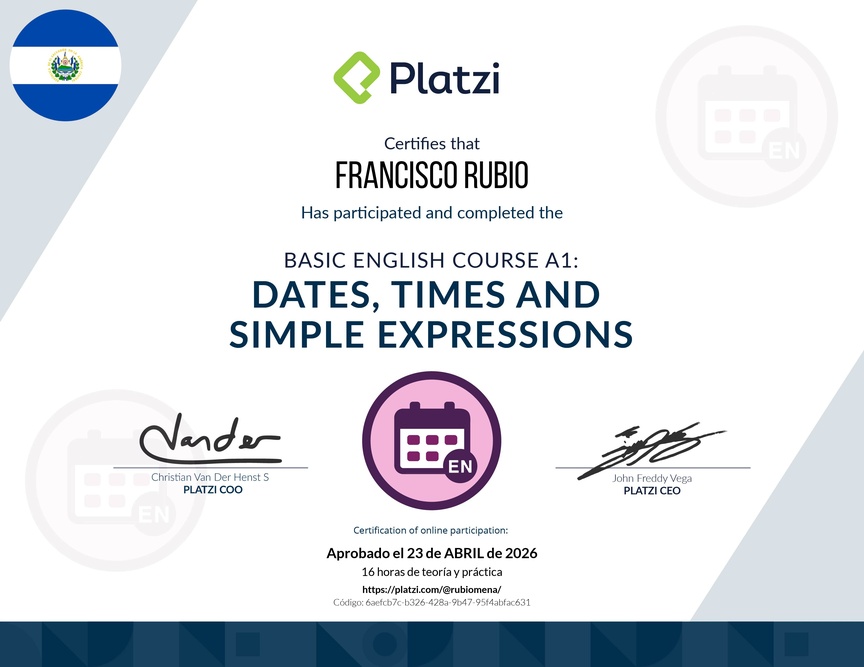 Diploma del Curso de Inglés Básico A1: Fechas, Horas y Expresiones Simples