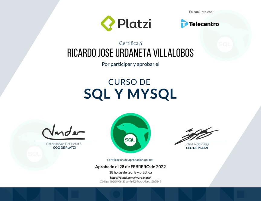 Diploma del Curso de SQL y MySQL 2018