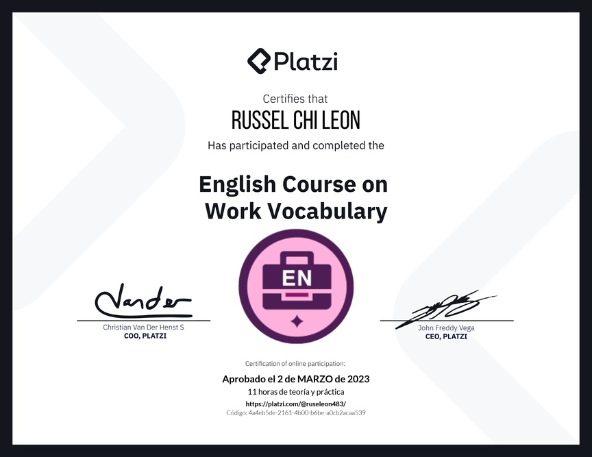 Diploma del Curso de Vocabulario en Inglés para el Trabajo