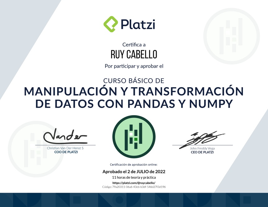 Diploma del Curso de Manipulación y Transformación de Datos con Pandas y NumPy