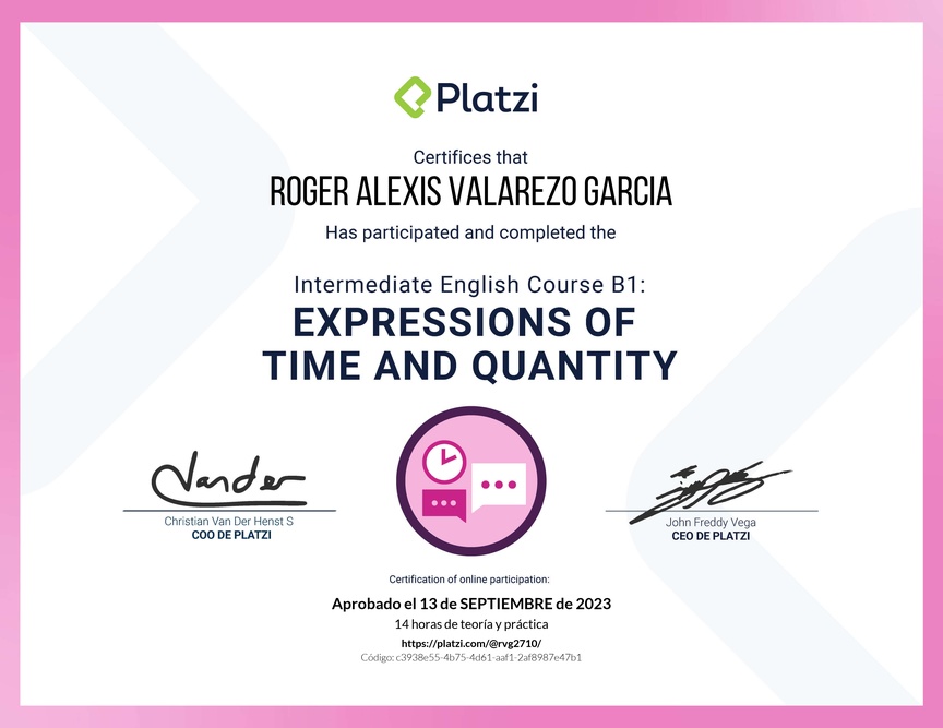 Diploma del Curso de Inglés Intermedio B1: Expresiones de Tiempo y Cantidad
