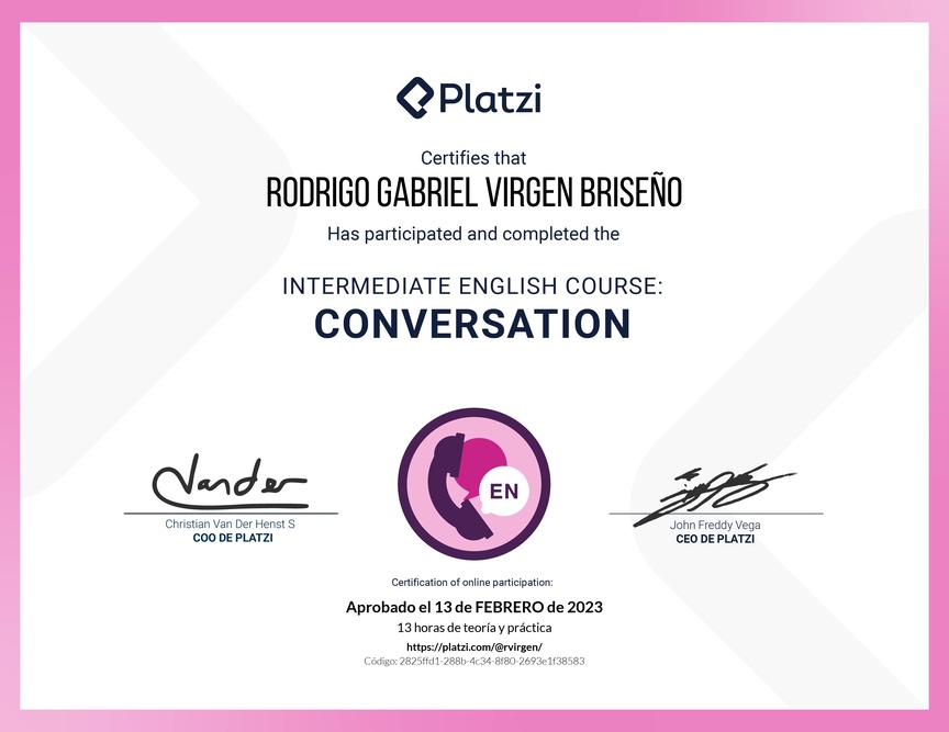 Diploma del Curso de Inglés Intermedio: Conversación 2020