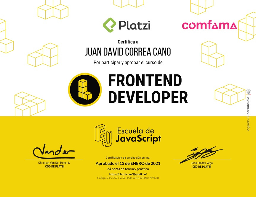 Diploma del Curso de Frontend Developer 2019