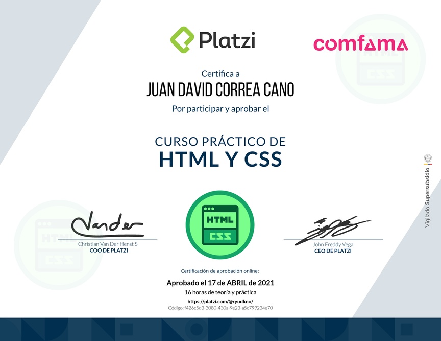 Diploma del Curso Práctico de HTML y CSS