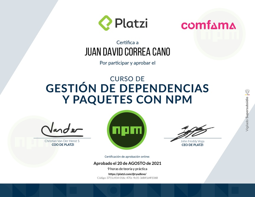 Diploma del Curso de Gestión de Dependencias y Paquetes con NPM