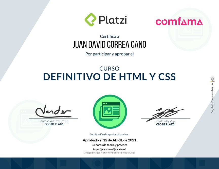 Diploma del Curso Definitivo de HTML y CSS