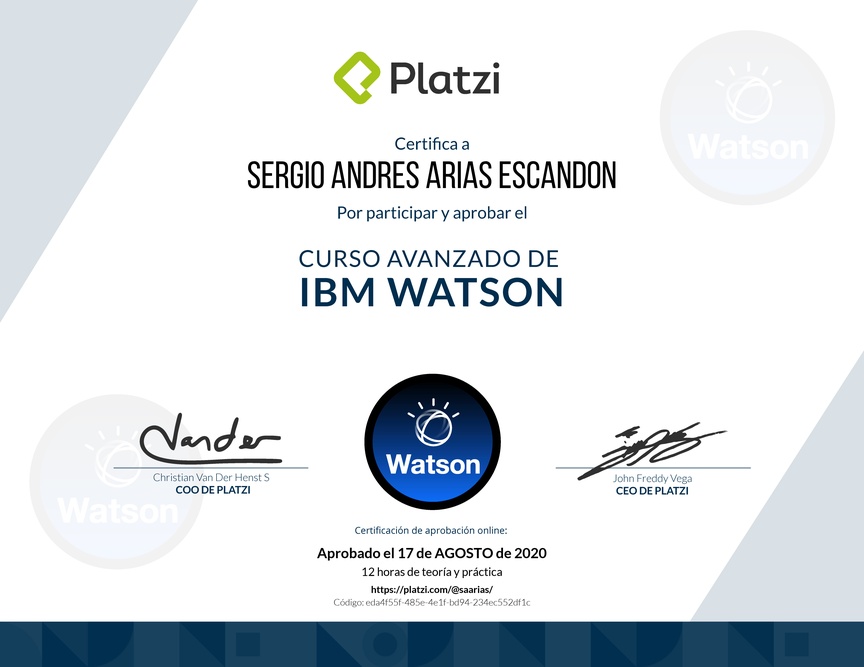 Diploma del Curso Avanzado de IBM Watson