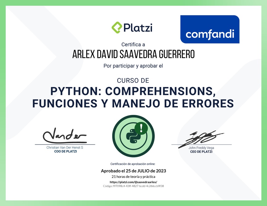 Diploma del Curso de Python: Comprehensions, Funciones y Manejo de Errores