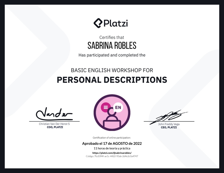 Diploma del Curso de Inglés Práctico para Descripciones Personales (2020=