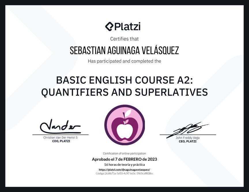 Diploma del Curso de Inglés Básico A2: Cuantificadores y Superlativos