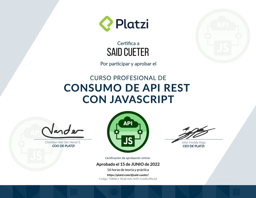 Diploma del Curso de API REST con Javascript: Performance y Usabilidad