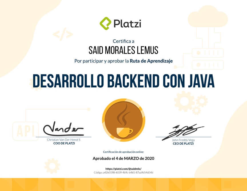 Diploma de la Ruta de Aprendizaje de Desarrollo Backend con Java