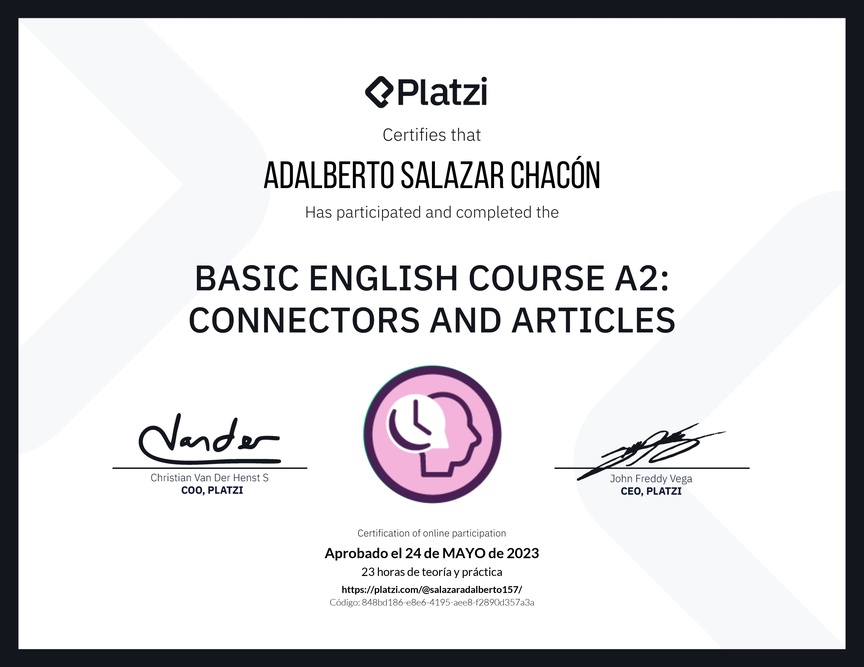 Diploma del Curso de Inglés Básico A2: Conectores y Artículos