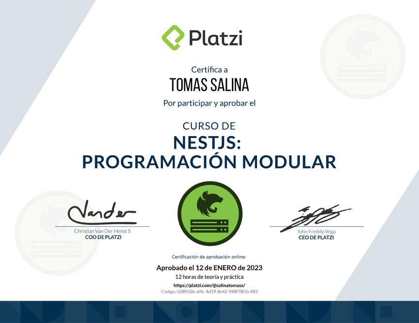 Diploma del Curso de NestJS: Programación Modular, Documentación con Swagger y Deploy