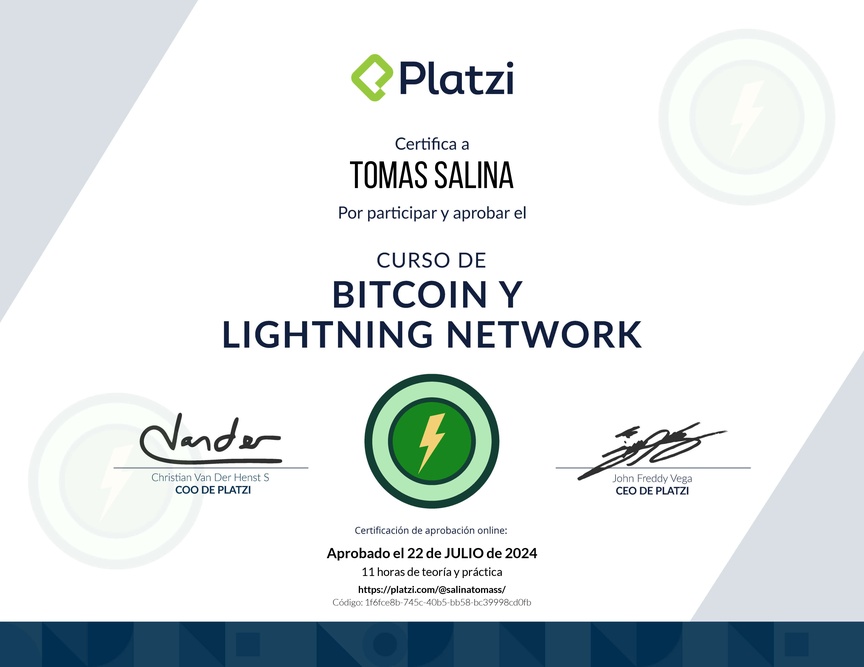 Diploma del Curso de Bitcoin y Lightning Network