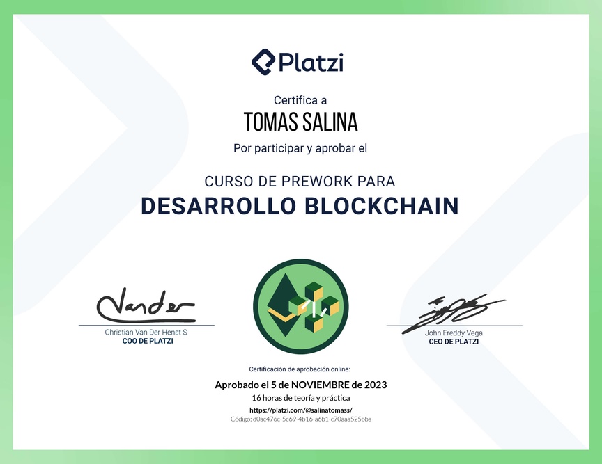 Diploma del Curso de Prework para Desarrollo de Aplicaciones Blockchain