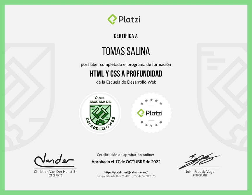 Diploma de la Ruta de Aprendizaje de HTML y CSS desde cero