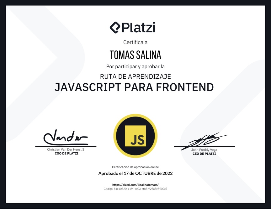 Diploma de la Ruta de Aprendizaje de JavaScript para Frontend