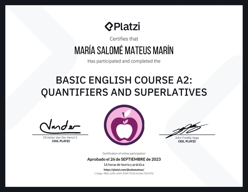 Diploma del Curso de Inglés Básico A2: Cuantificadores y Superlativos