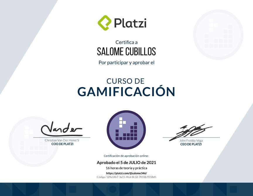 Diploma del Curso de Gamificación 2018