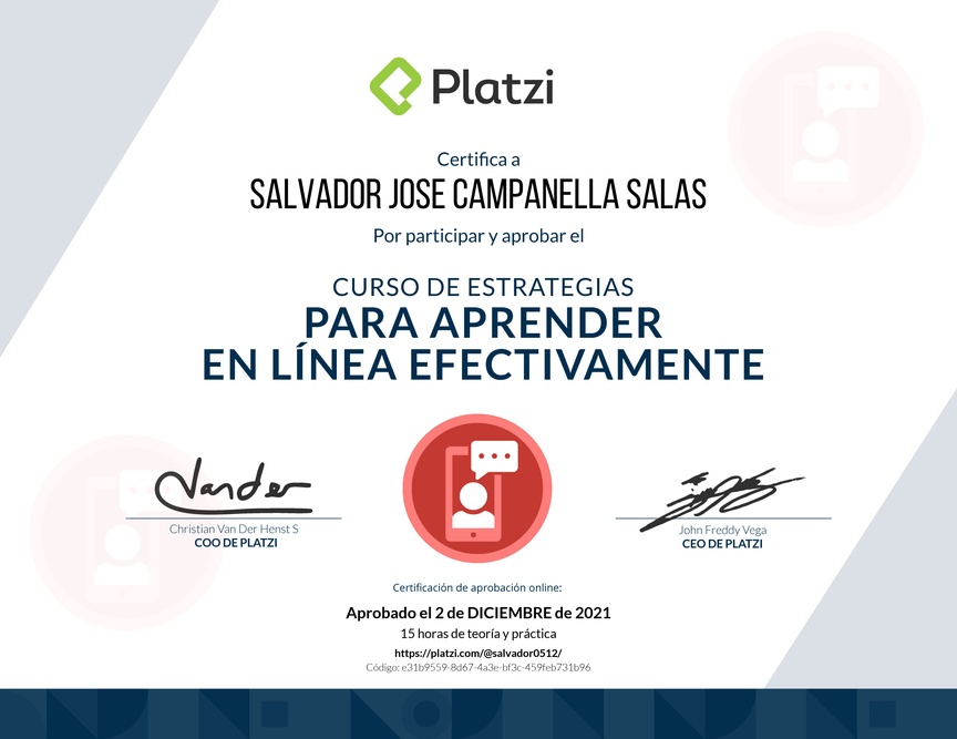 Diploma del Curso de Estrategias para Aprender en Línea Efectivamente 2019