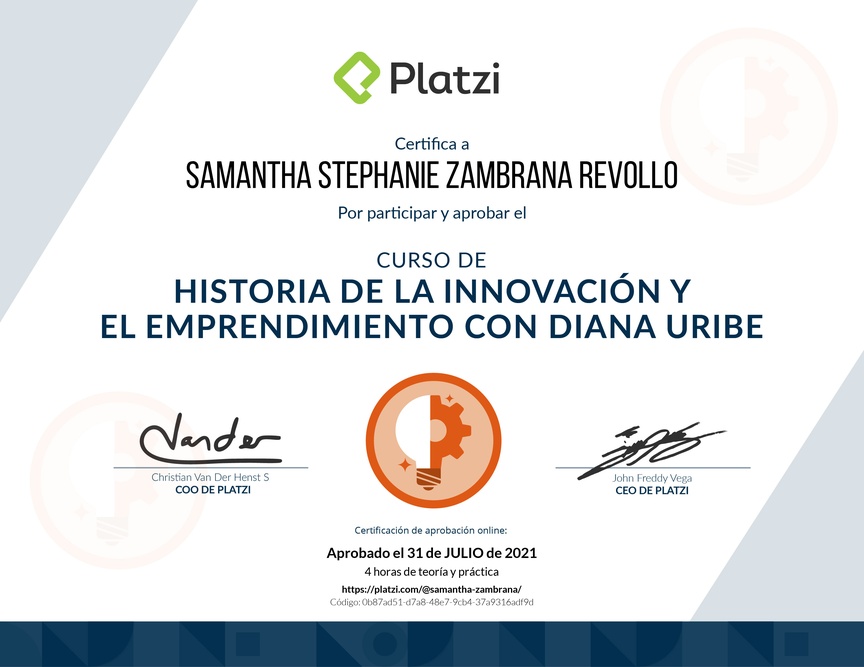 Diploma del Curso de Historia de la Innovación y el Emprendimiento con Diana Uribe