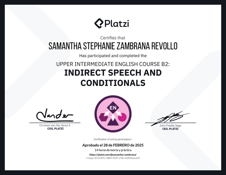 Diploma del Curso de Inglés Intermedio Alto B2: Discurso Indirecto y Condicionales