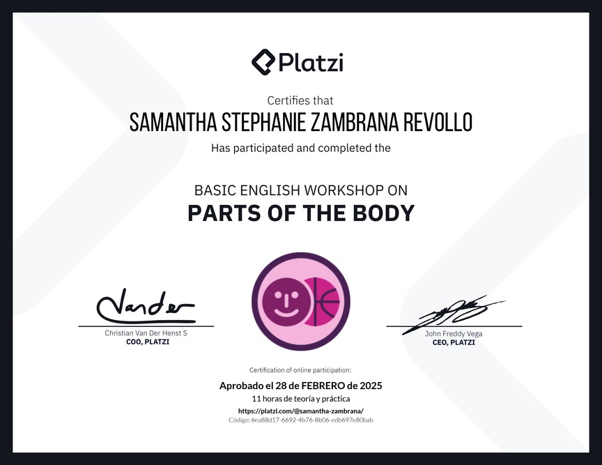 Diploma del Curso de Inglés Práctico sobre las Partes del Cuerpo