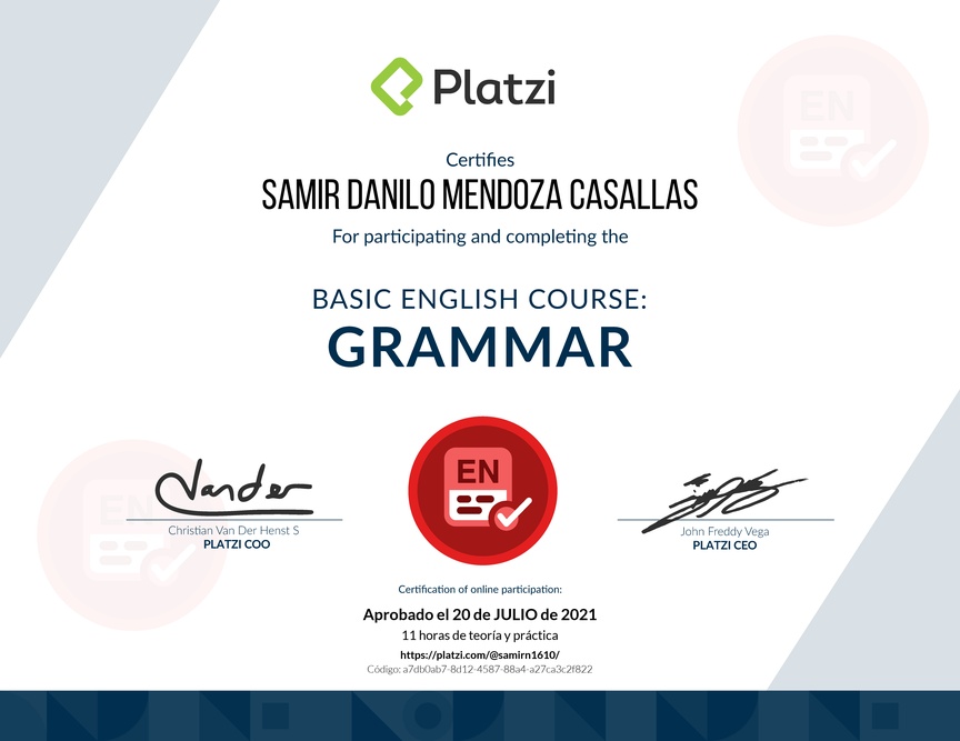Diploma del Curso de Inglés Básico: Gramática 2018
