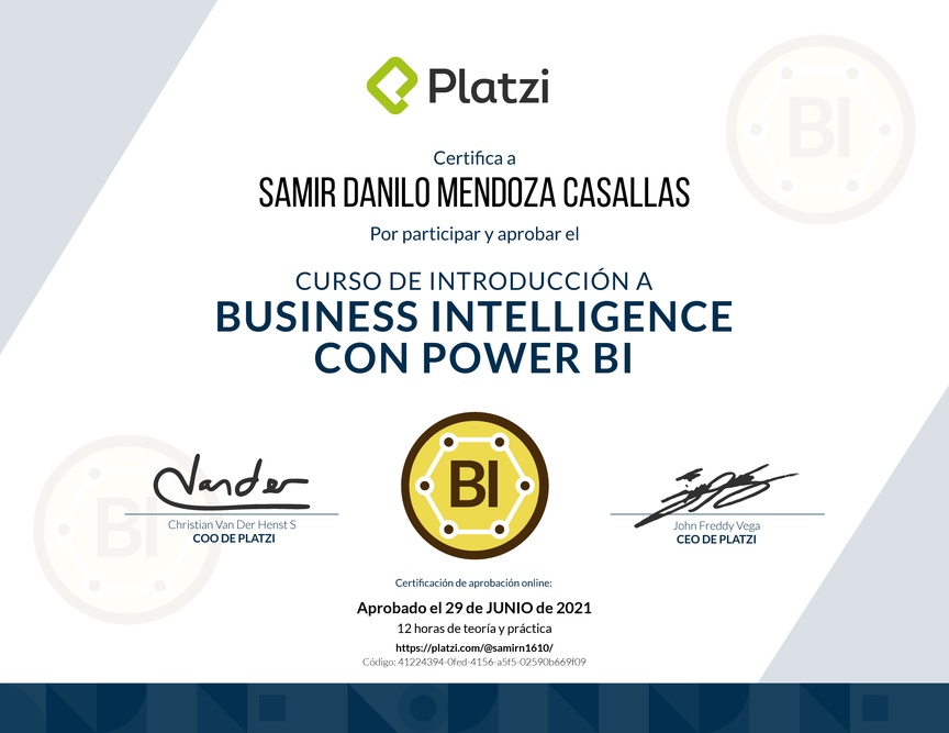 Diploma del Curso de Introducción a Business Intelligence con Power BI