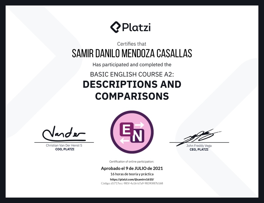 Diploma del Curso de Inglés Básico A2: Descripciones y Comparaciones