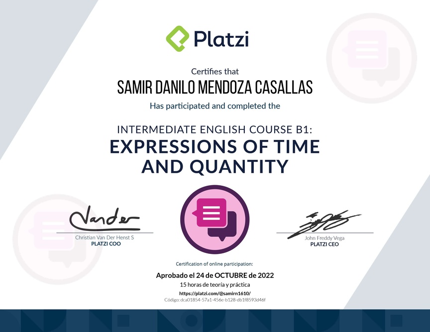 Diploma del Curso de Inglés Intermedio: Expresiones de Tiempo y Cantidad 2021
