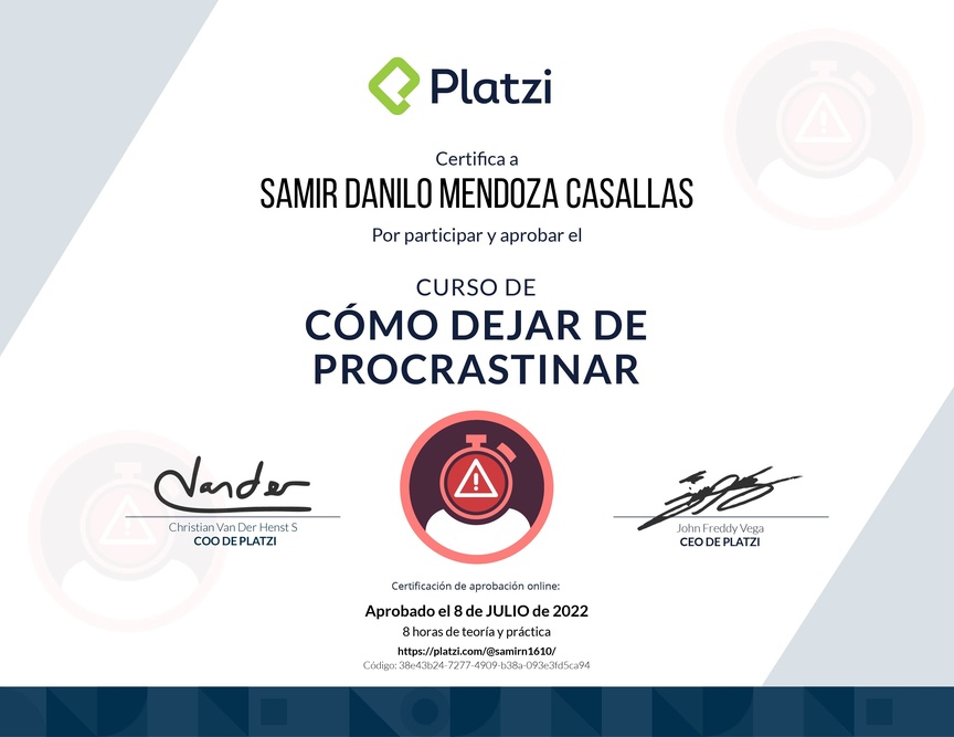 Diploma del Curso de Cómo Dejar de Procrastinar