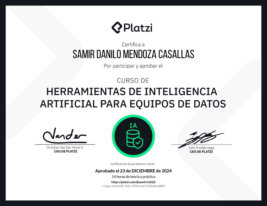 Diploma del Curso de Herramientas de Inteligencia Artificial para Equipos de Datos