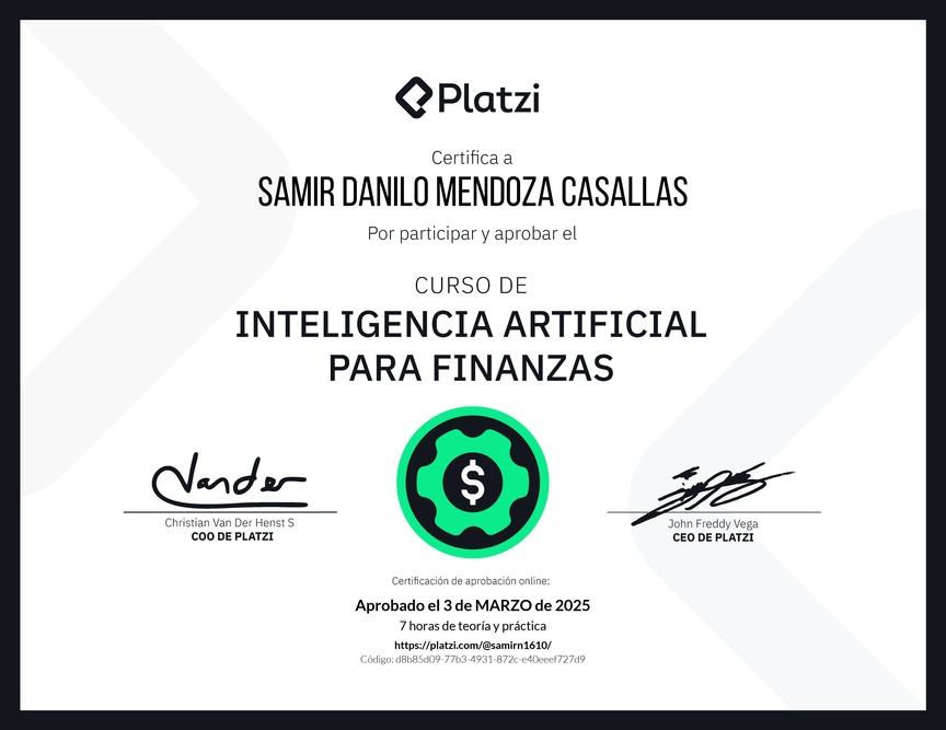 Diploma del Curso de Inteligencia Artificial para Finanzas