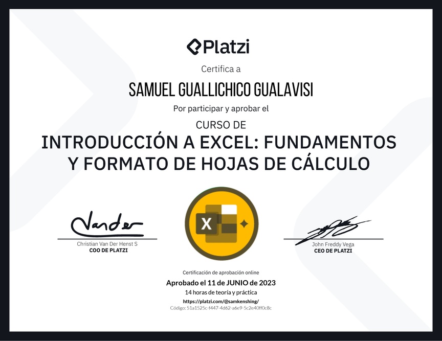 Diploma del Curso de Introducción a Excel para Principiantes: Fundamentos y Formato de Hojas de Cálculo