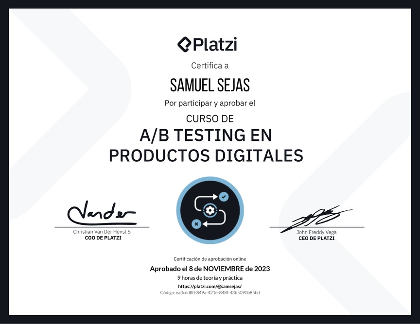 Diploma del Curso de A/B Testing en Productos Digitales