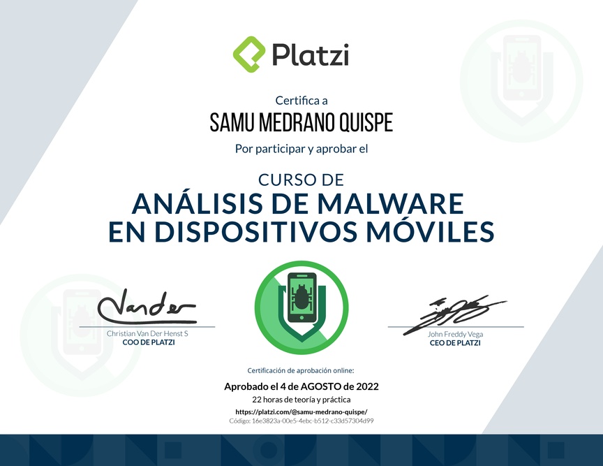 Diploma del Curso de Análisis de Malware para Dispositivos Móviles