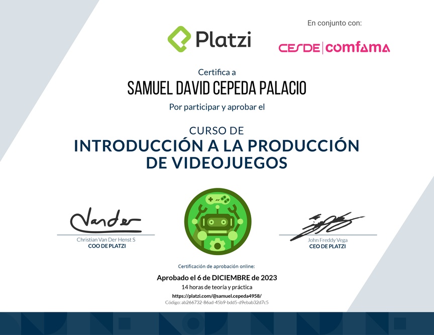 Diploma del Curso de Introducción a la Producción de Videojuegos