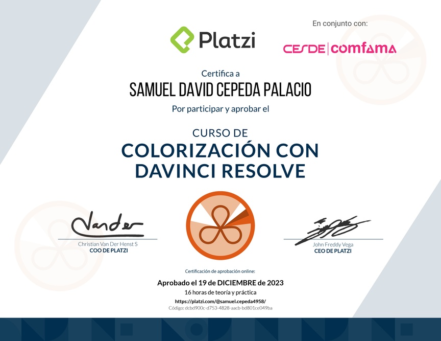 Diploma del Curso de Colorización con DaVinci Resolve