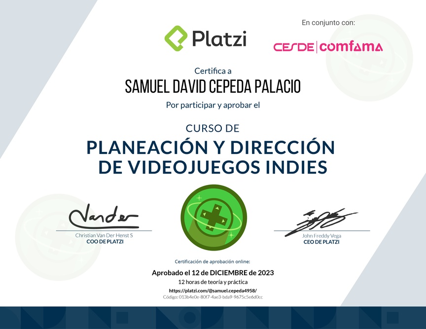 Diploma del Curso de Planeación y Dirección de Videojuegos Indies