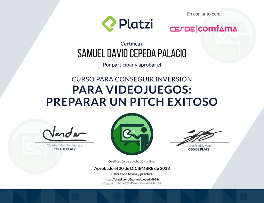 Diploma del Curso para Conseguir Inversión para Videojuegos: Preparar un Pitch Exitoso