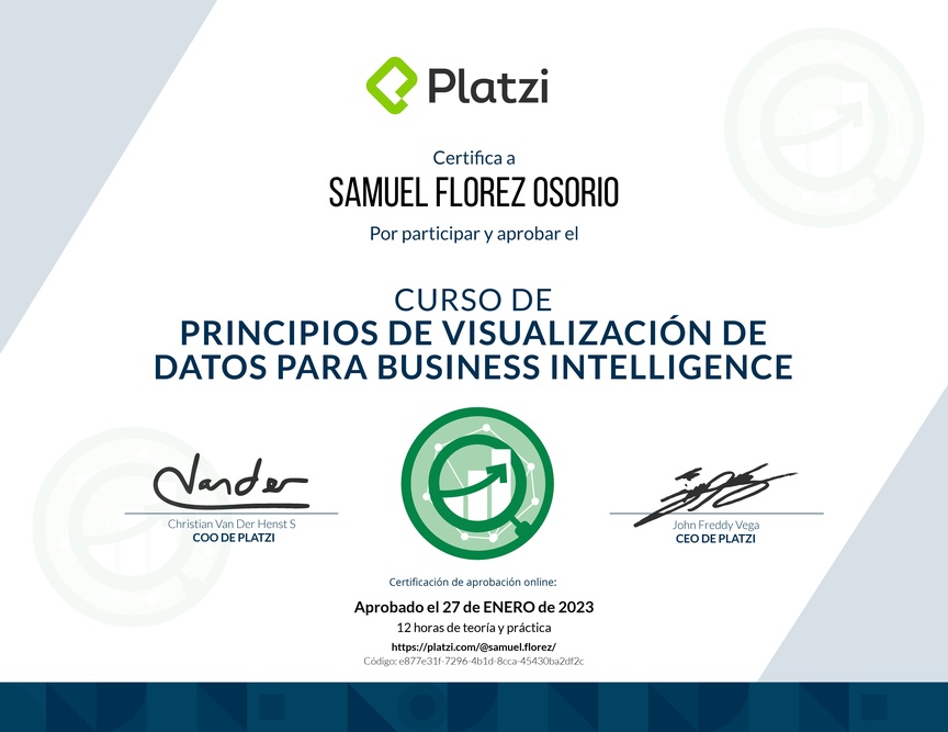 Diploma del Curso de Principios de Visualización de Datos para Business Intelligence (2021)