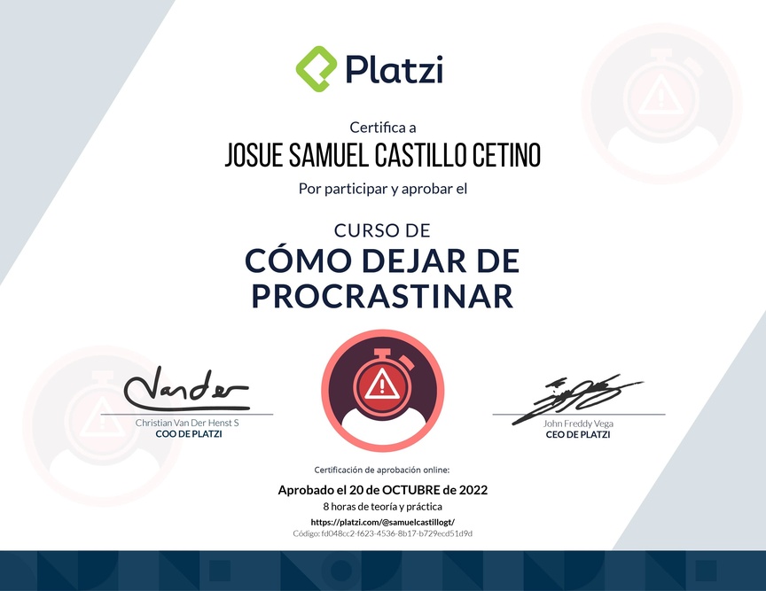 Diploma del Curso de Cómo Dejar de Procrastinar