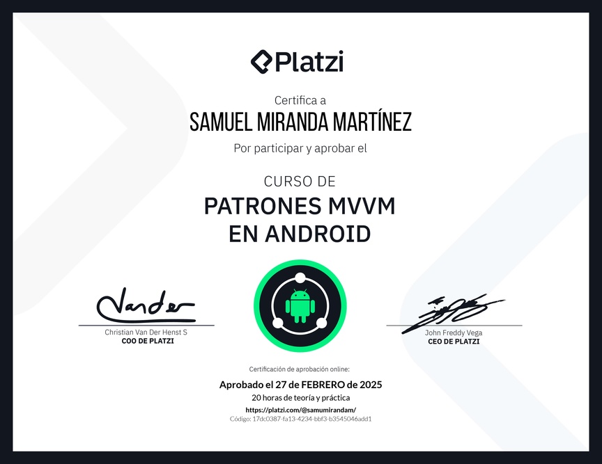 Diploma del Curso de Patrones MVVM en Android