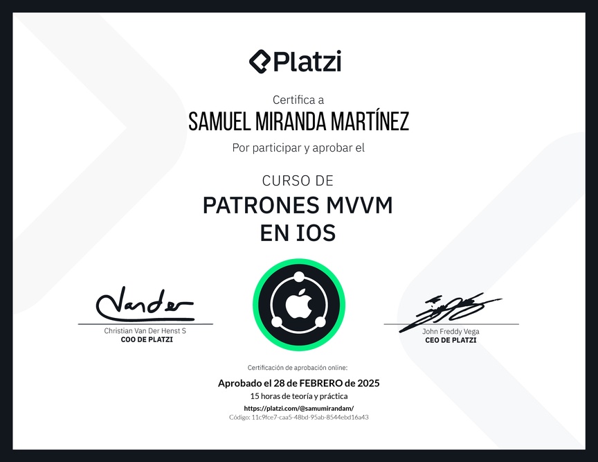 Diploma del Curso de Patrones MVVM en iOS